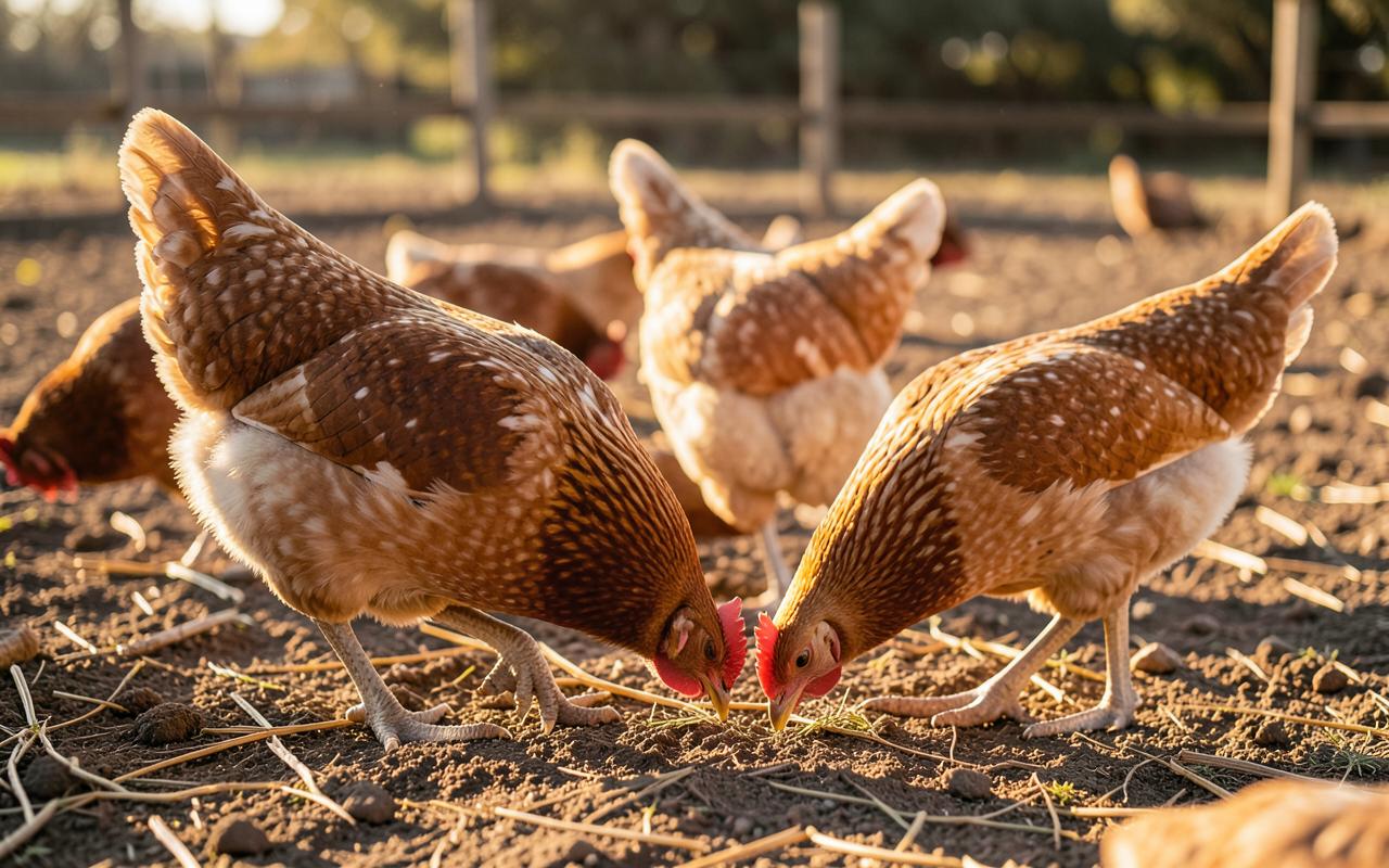 Poules picorant au sol dans la cour ensoleillée de la ferme